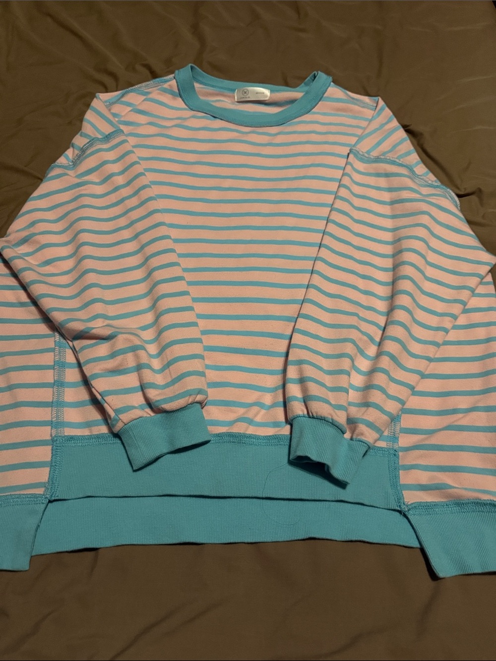 WoMen's Pastel Pink & Aqua Striped Crewneck Sweater